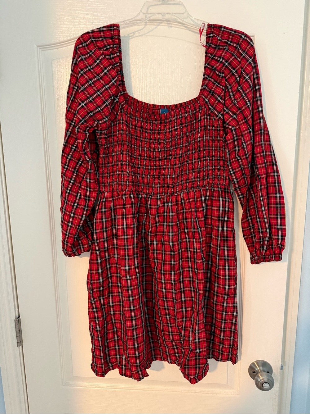Old Navy Red Plaid Smocked Square-Neck Dress